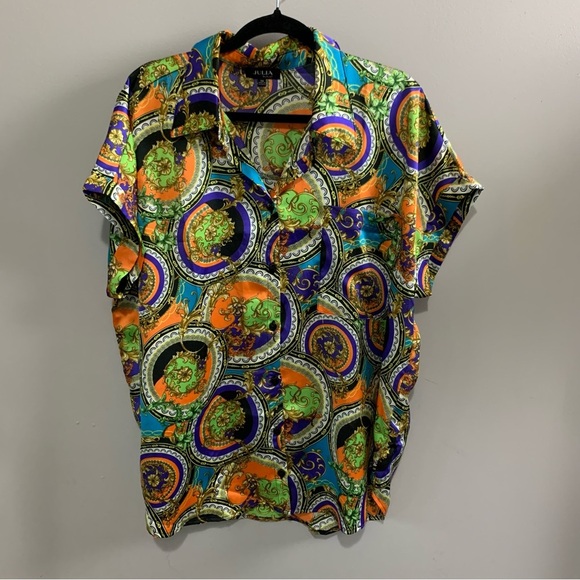 Trendy Status Print Short Sleeve Button Front Shirt - Multi Color 1x - Picture 2 of 7